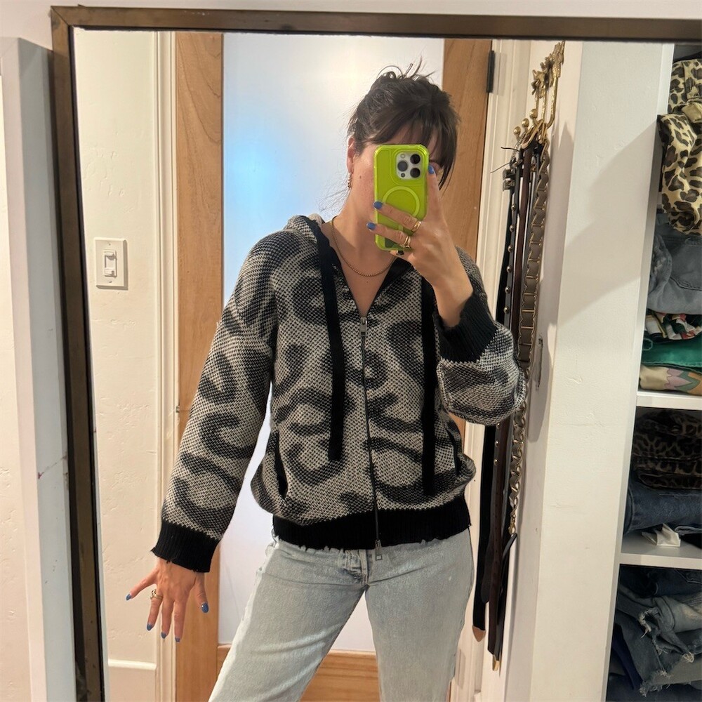Zadig & Voltaire Hoodie Sweater Womens S/M Leopard Full Zip Black Ivory